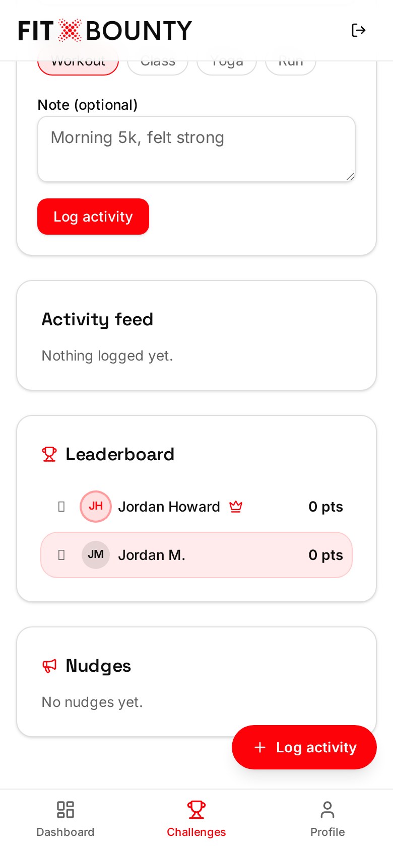 FitBounty mobile challenge detail showing activity logging and a participant leaderboard