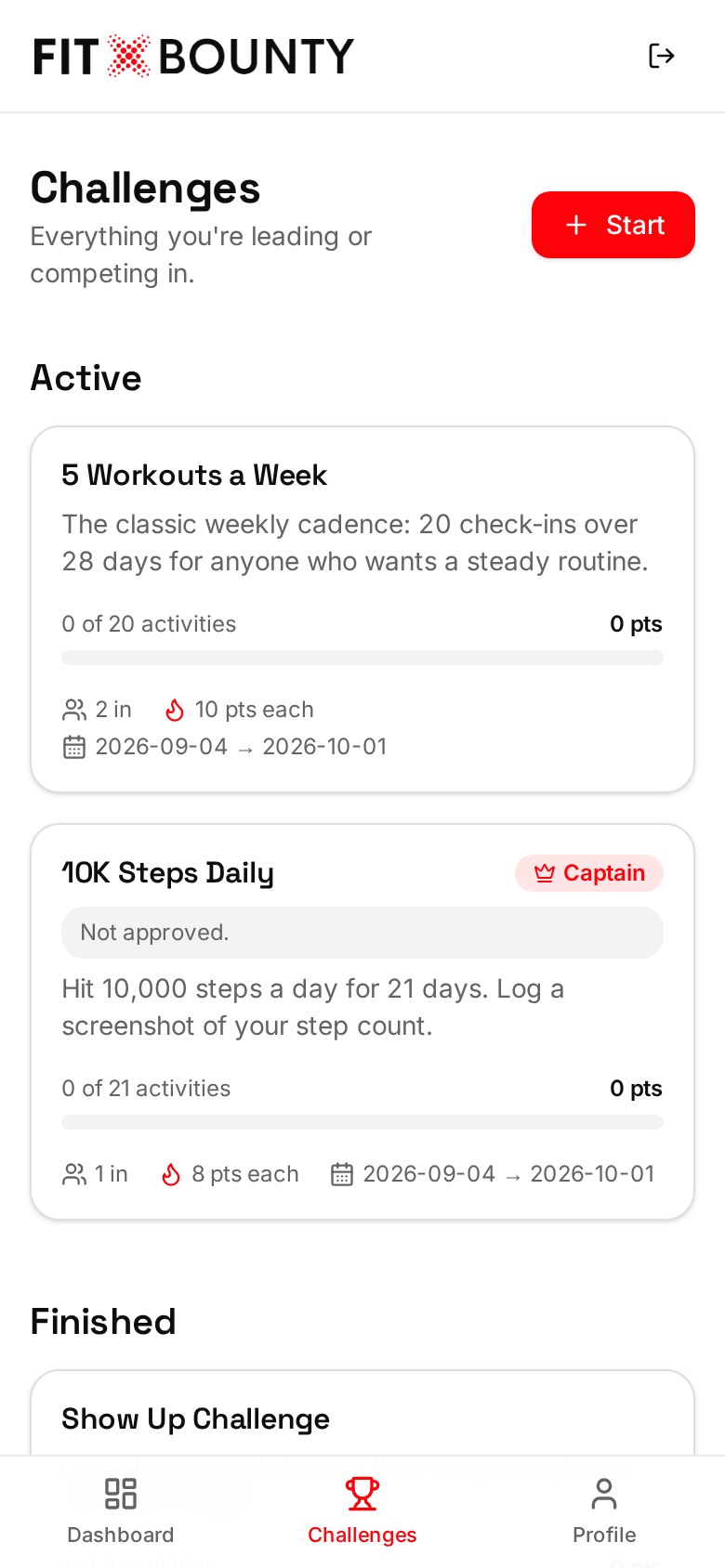 FitBounty mobile challenges page showing active and finished challenge cards