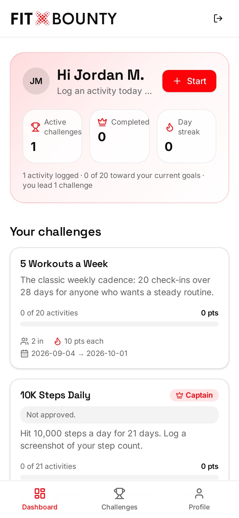 FitBounty mobile dashboard showing challenge metrics and current challenge cards