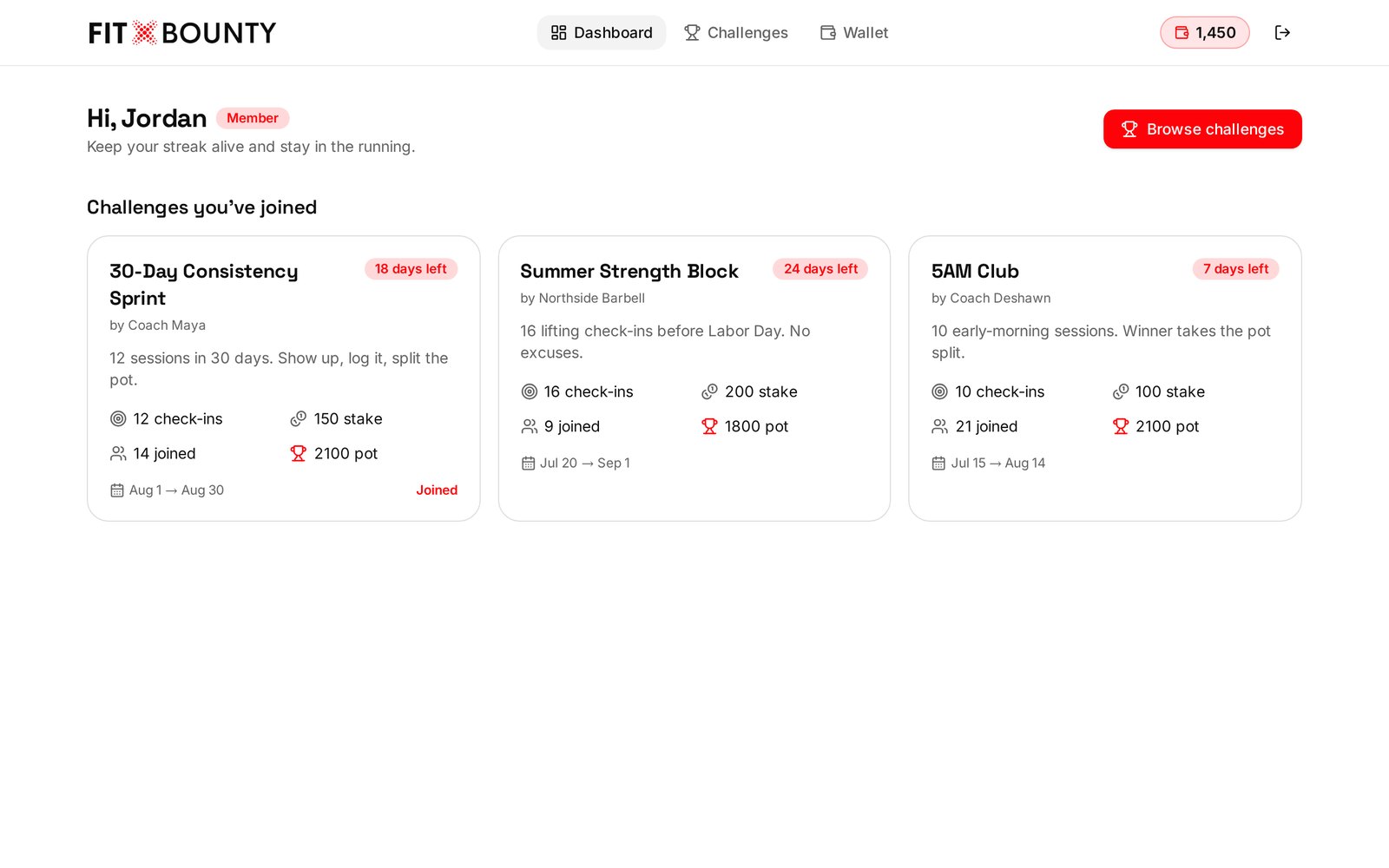 FitBounty member dashboard showing joined challenges with stakes and prize pots