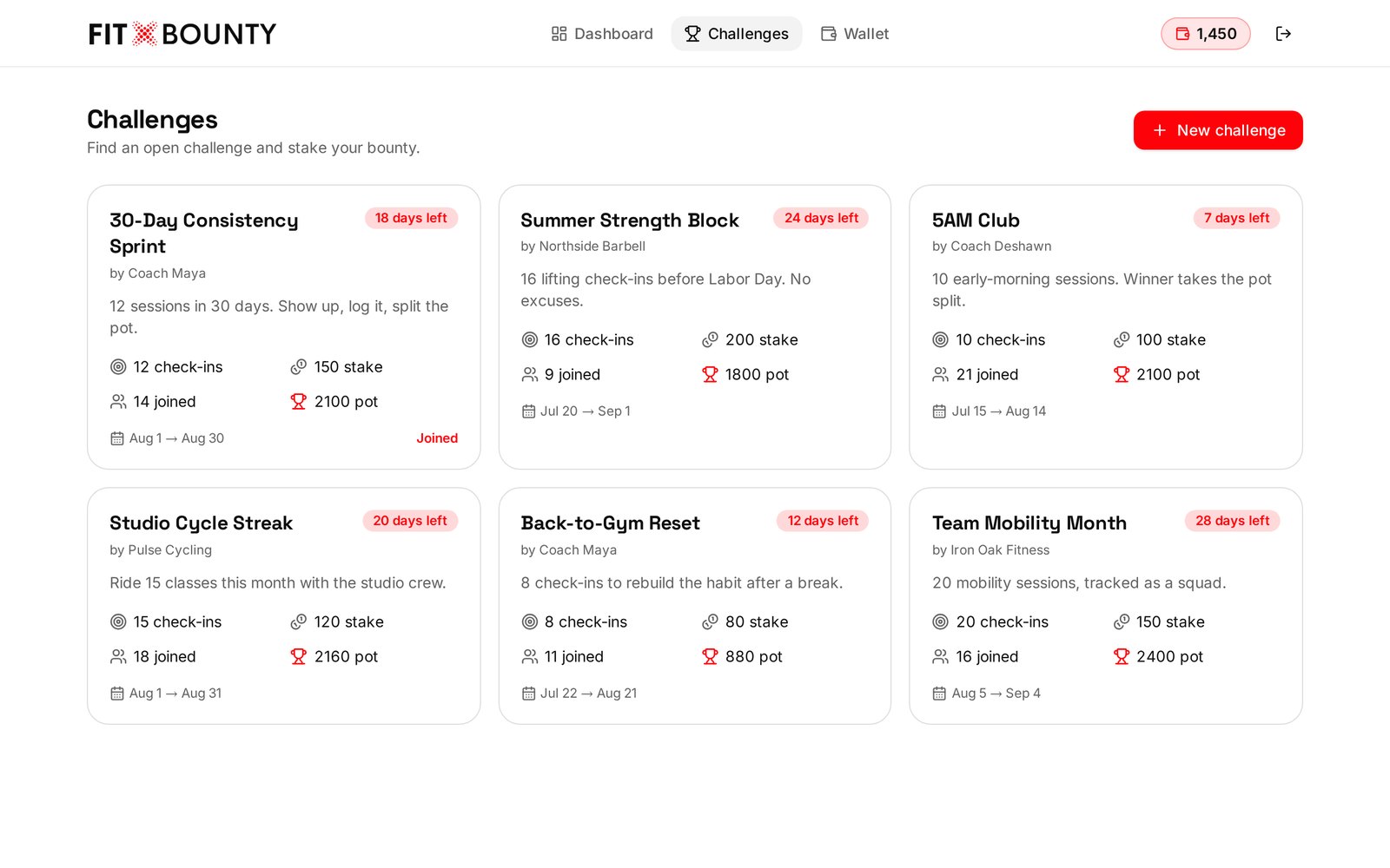 FitBounty challenges page listing open fitness challenges from trainers and gyms