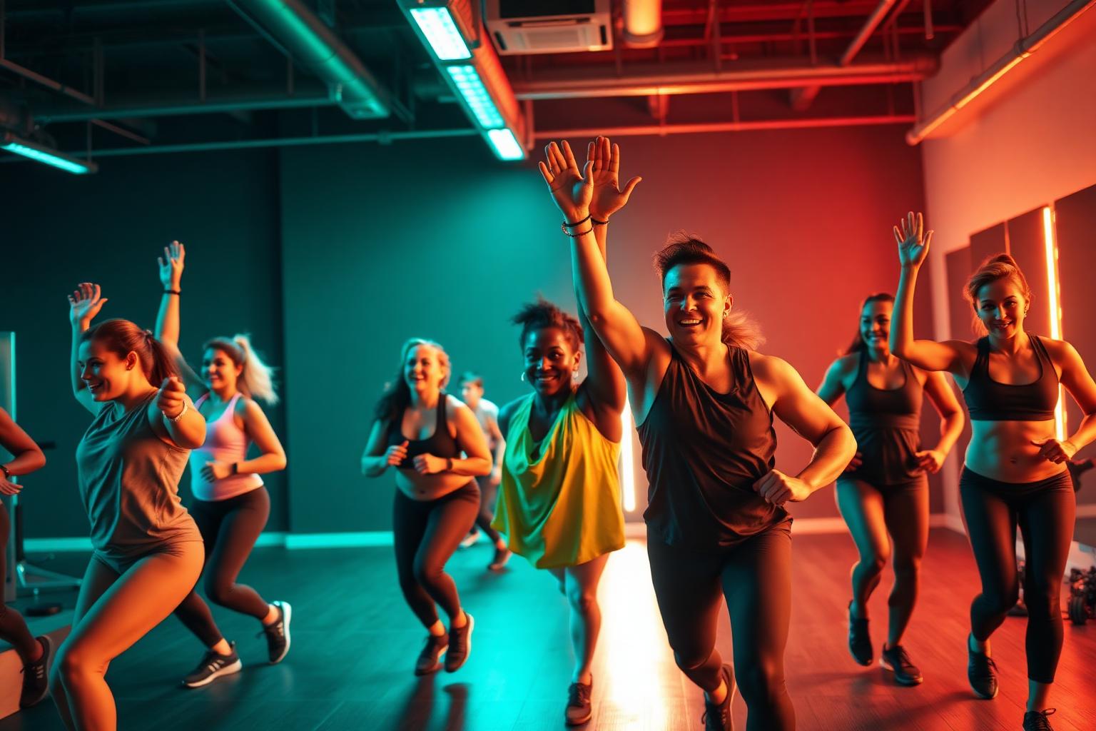 Group celebrating during a high-energy gym workout